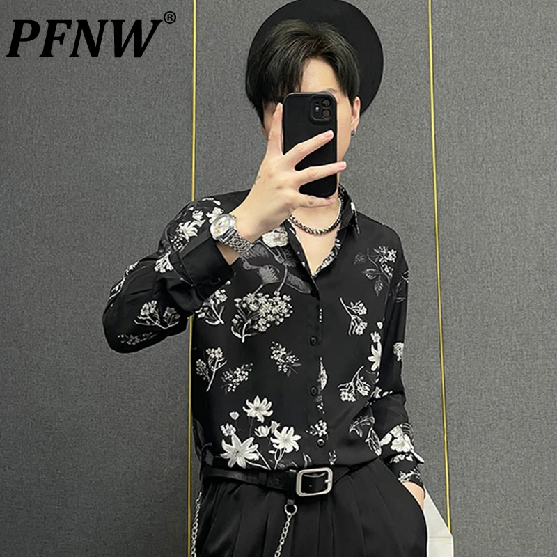 

PFNW Spring Summer New Men's Vintage Print Flower Shirt Korean Trend High Street Outdoor Baggy Niche Handsome Chic Tops 28A2195