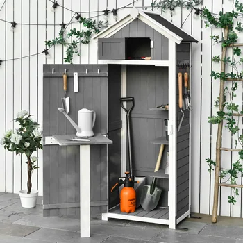 Boîte à outils pour hangar de jardin de 1,8 m, bac de cour en bois massif, armoire de rangement à tiroir, étagère de moulage de toit étanche, autonome, gris foncé 1