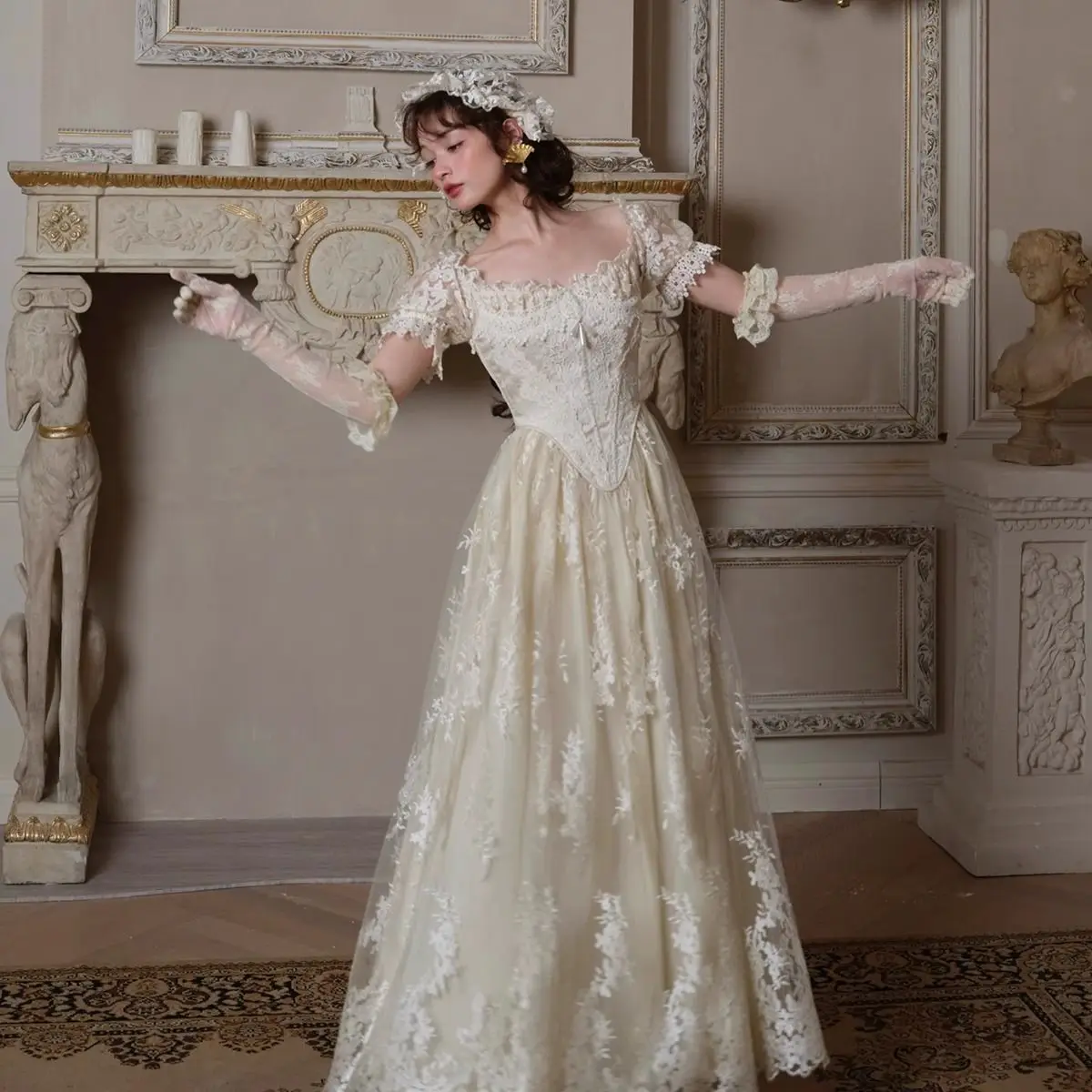 French Court Heavy Industry Lace Fishbone Dress Light Wedding Lolita