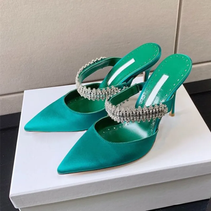 

Pointed toe ladies mules shoes 2022 spring and autumn new high-heeled flat slippers fashion Baotou rhinestone banquet sandals