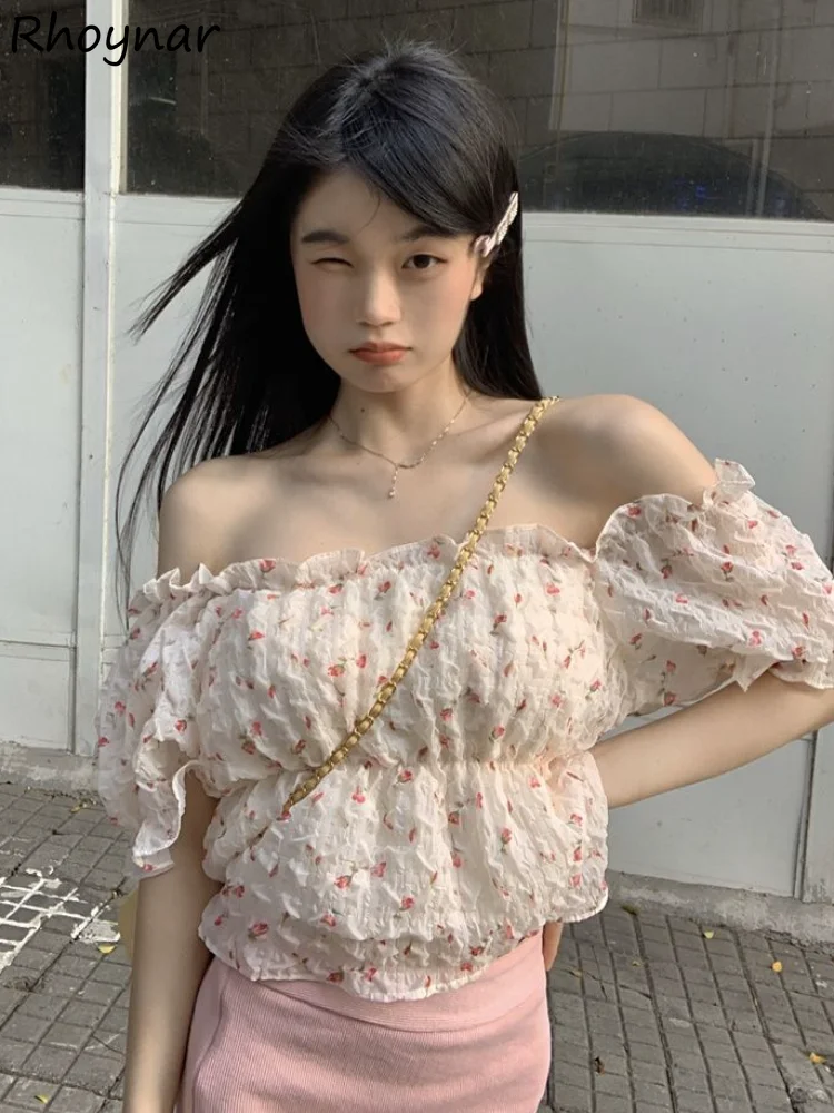 

Slash Neck Floral Blouses Women Summer New Ruffles Sweet Korean Style Chic Fashion Temperament Holiday Female Short-sleeve Ins