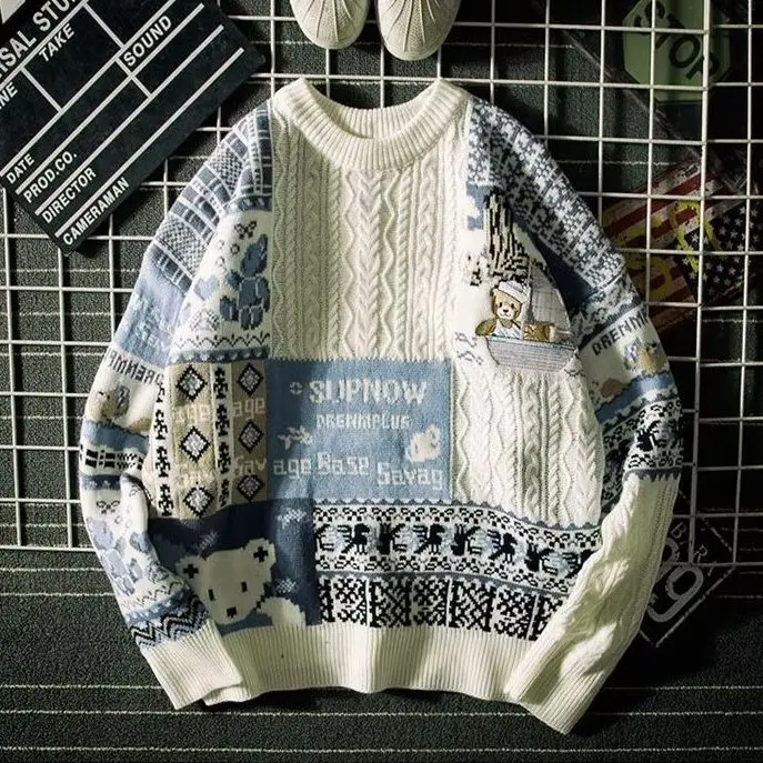

Winter Retro Sweater Woman Harajuku Bears Alphabet Embroidery Patchwork Cute Pullover Top Casual Unisex Knit Warm Sweater