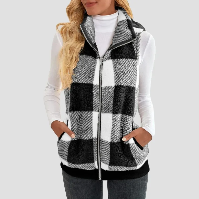 

2023 Women’s Fleece Fur Body Warmer Vest Jacket Waistcoat Gilet Winter Sleeveless Tartan Coat Clothes Plus Size GTRE