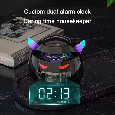 

Portable Bluetooth Little Devil Speaker With Colorful LED Digital Dual Alarm Clock Wireless Waterproof HIFI 3D Stereo Mini