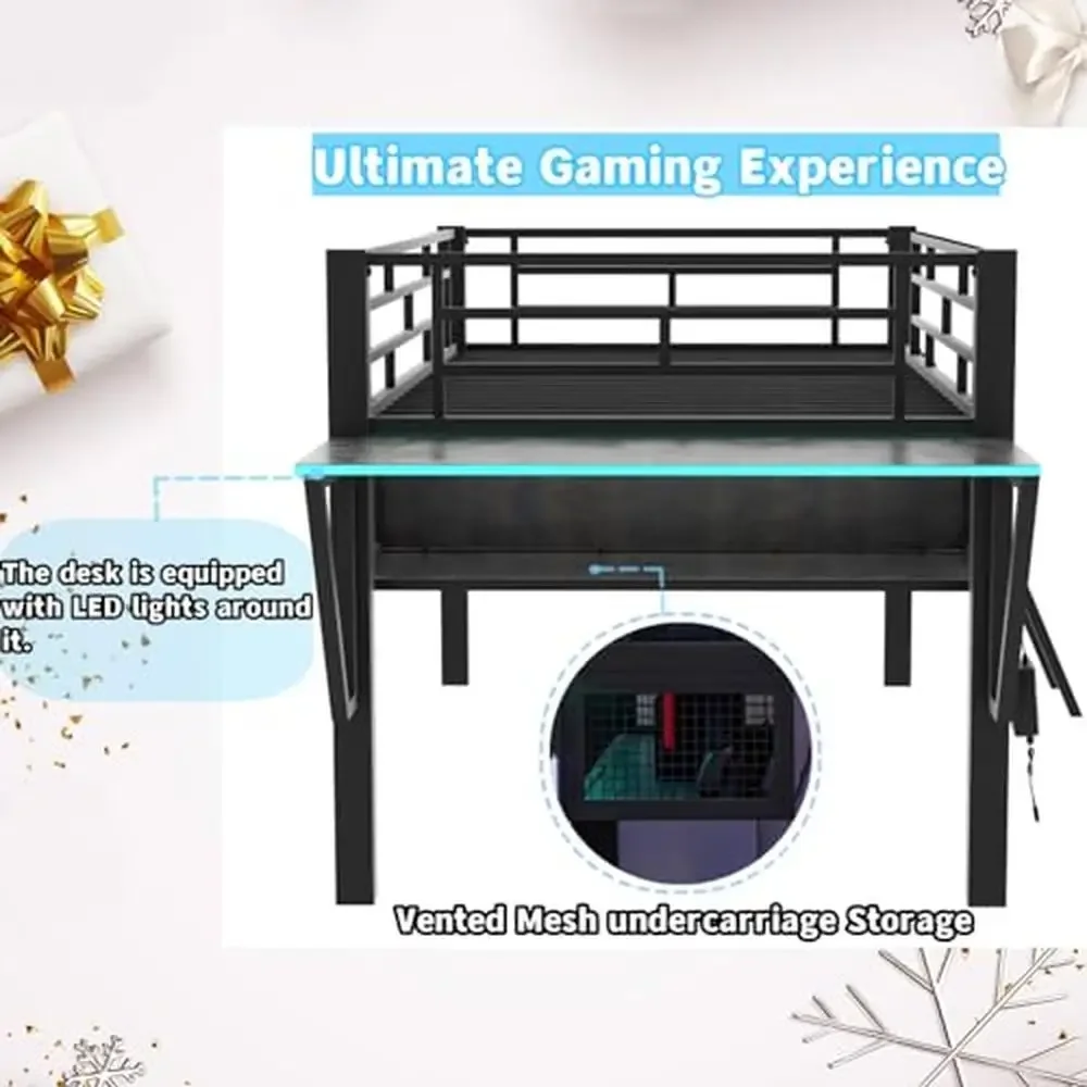 Twin Size Metal Loft Bed with Desk LED Lights Storage Staircase Black Modern Assembly