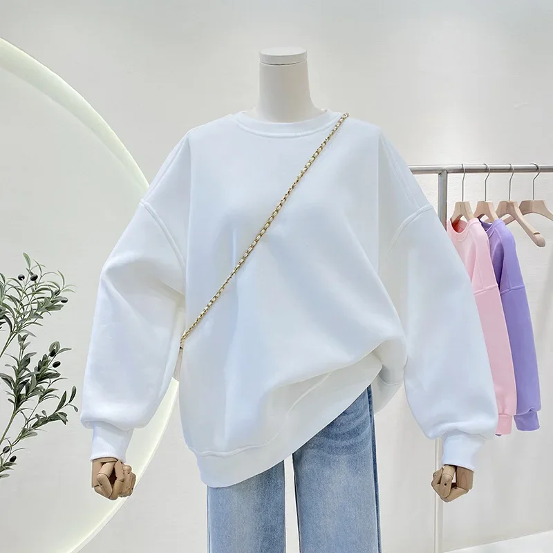 

Thicken Plush Cotton Hoodies Long Sleeve O-neck Pullover Casual Loose Tops Autumn Winter Solid Basics Clothes for Women Ropa