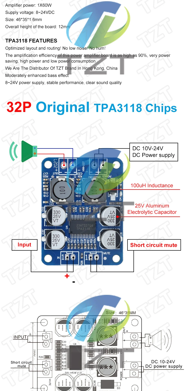 1/2/5PCS DC 12V-24V TPA3118 60W TZT Mono Digital Audio Power Verstärker bord Amp Modul 32P Original TPA3118 – Detail 2