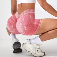 Women V back Shorts Faux Jeans Elastic Workout Sports Yoga Pants Butt Lifting Leggins Fitness Athletic Short Tights Seamless - Image 3