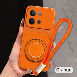 Premium Magnetic Rotating Phone Case with Lanyard - PU Leather Soft Cover for Redmi 9C (Orange)
