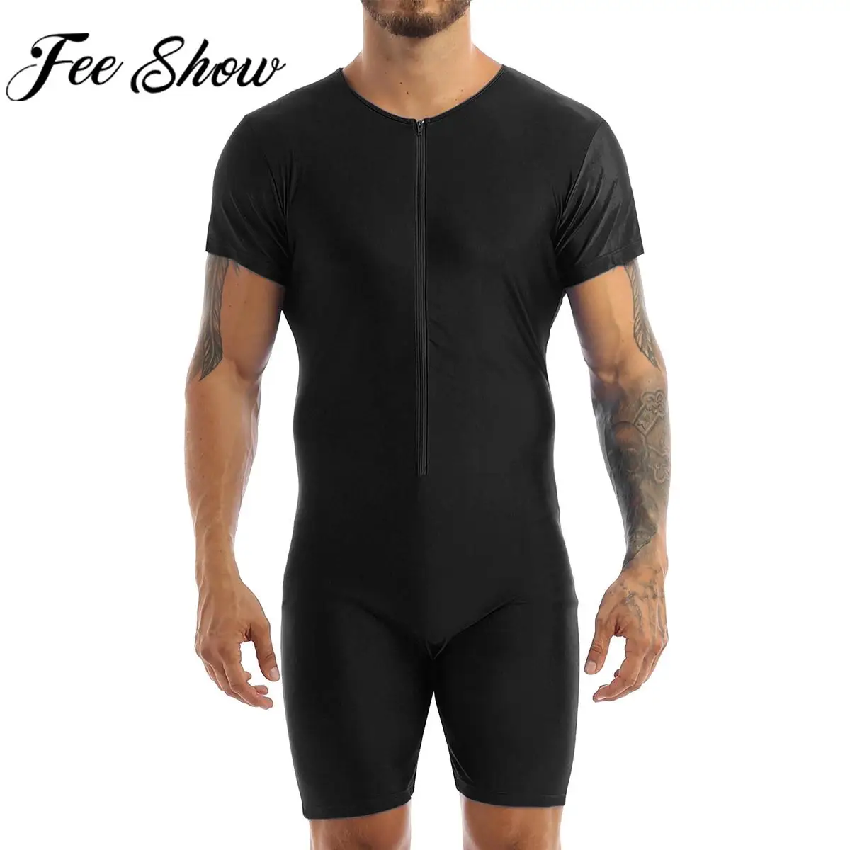 Costume Da Bagno Intero Da Uomo Manica Corta Con Cerniera Lucida Morbida Boxer Costume Da Bagno Beach Pool Party Costume Da Bagno Rash Guard Muta