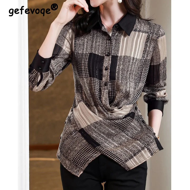 Spring Summer Color Block Polo-Neck Chic Blouse Women's Korean Khaki with Black Checkered Pattern Long Sleeve Kink Chiffon Shirt khaki black mid length chic blazers women solid colors single button plus size suits 2023 spring autumn new work casual blazer