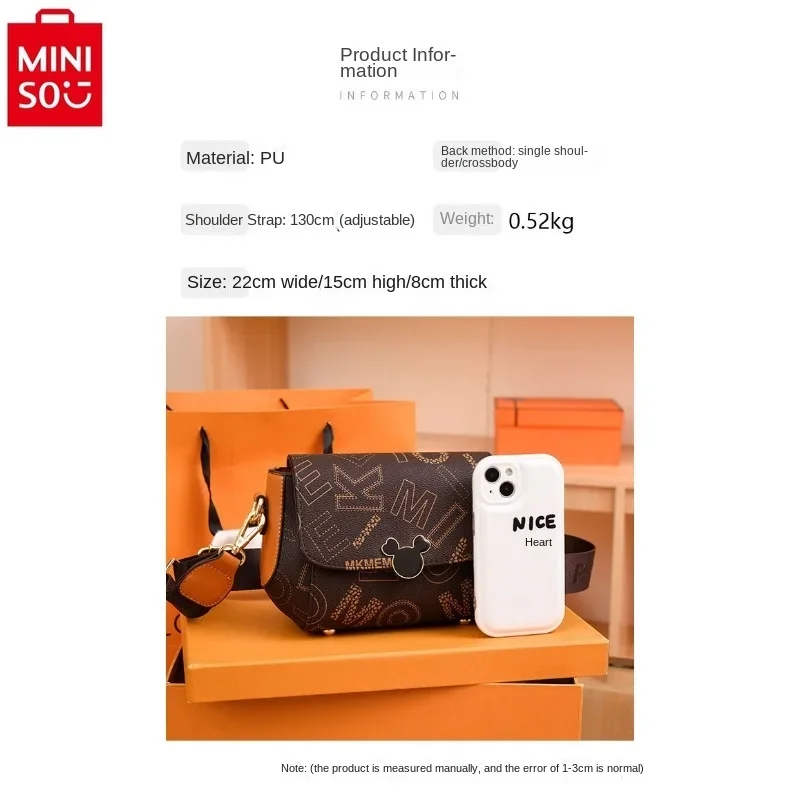 MINISO Disney Retro Luxury Brand Mickey Letter Sweet Small Square Bag Women's Fashion High Quality Multi functional Shoulder Bag
