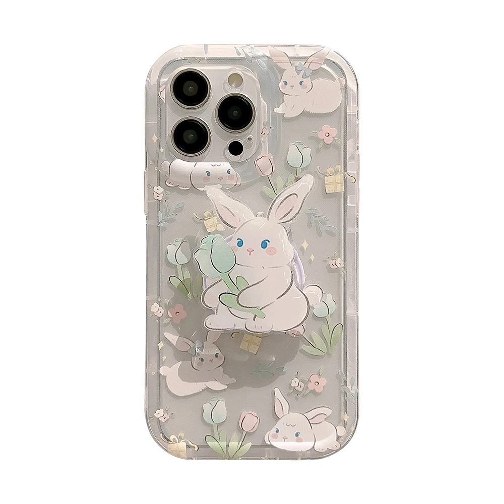 INS Flower Lovely Rabbit Bunny Bracket Case for iPhone 15 14 13 Pro Max 12 11 Pro Plus 7 8 Shockproof Transparent Cover