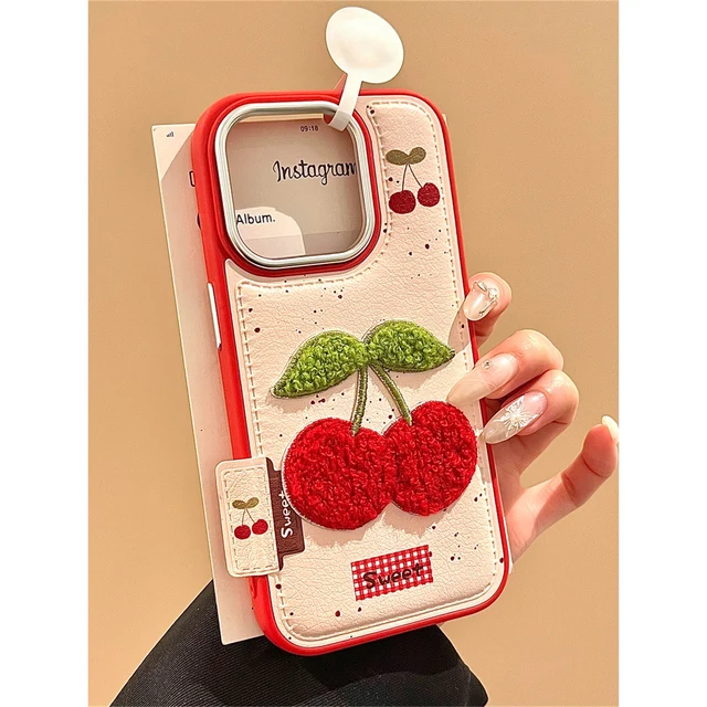 Ins Korean Cute Embroidery Cherry Leather Phone Case For iPhone 16 15 14 13 Pro Max 15 14 16 13 Pro Camera Protection Back Cover 1