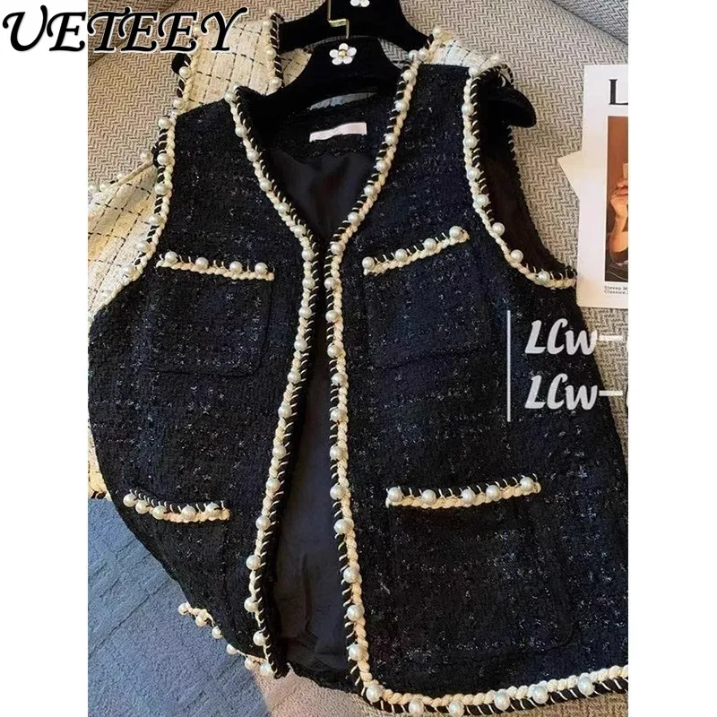 

Chic Pearl Buckle Black Vest Coat Femme 2023 Autumn New Sleeveless Waistcoat Jacket Bright Silk Loose Tweed Vest Coats for Women