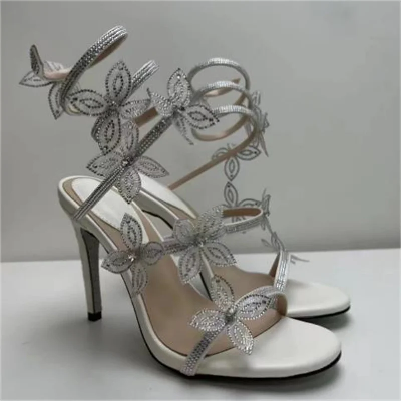 

Flowers Decoration Shoes for Lady Round Toes Womens High Heels Snake-shaped Female Sandals Belts Chassure Femme Crystal Zapatos