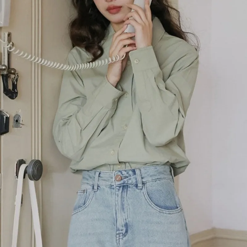 Spring Commuting Shirt New Women's Turn Down Collar Patchwork Button Solid Color Loose Bottomed Long Sleeved Autumn Tops