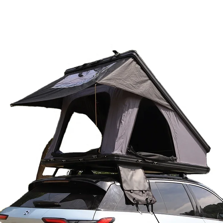 

Outdoor self driving camping roof tent with large black glue aluminum shell triangular inside