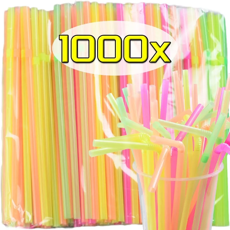 1000/100PCS Fluorescent Plastic Straws Multicolor Disposable Bendable Drinking Straw for Milk Cola Tea Cocktail Party Supplies