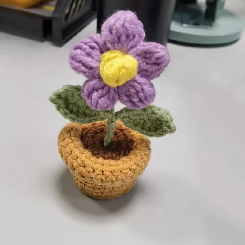 Mini Cute Finished Crochet Flowers Hand-knitted Sunflower Rose Flowers Potted Plants Handmade Bouquet Home Desktop Decorative