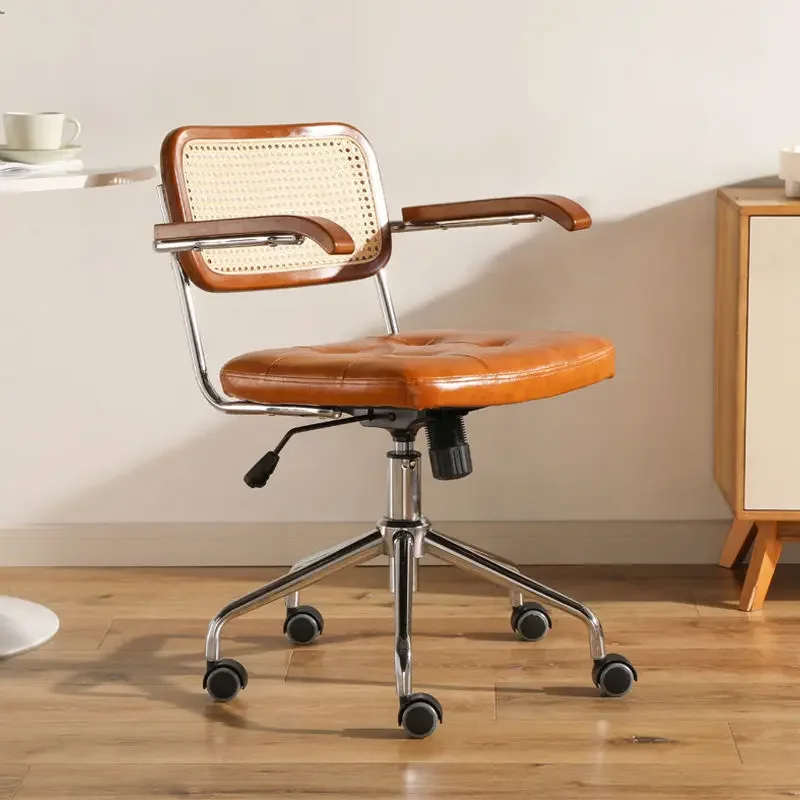 Rattan Computer Office Chair Japanese Retro Rotating Nordic Luxury Comfortable Study Desk Seat Breathable Armrest Rattan Chair h15 5 vintage retro oval 360 rotating double face desktop table makeup cosmetic dresser mirror embossed cut out desk set 331b