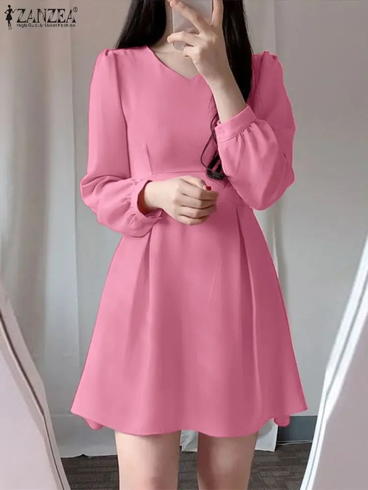 

Korean Long Puff Sleeve Vestidos ZANZEA Elegant V Neck Evening 2023 Women Solid Mini Dress Casual Cinched Waist Pleated Dress