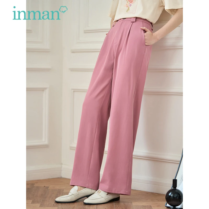 

INMAN Women Suit Pants 2023 Summer High Waisted Straight Loose Wide-leg Trousers Simple Casual Pink White Pant