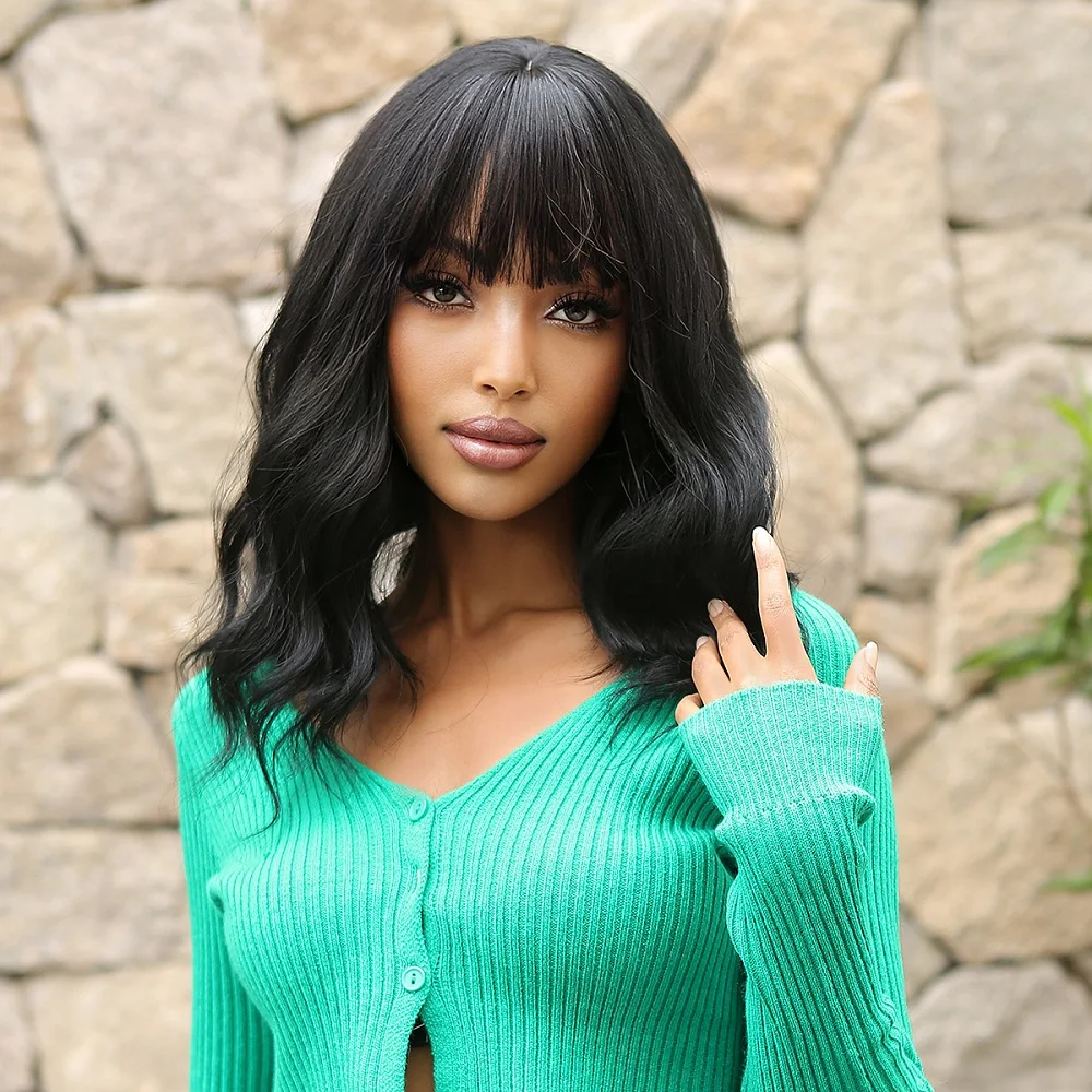 Natural Black Synthetic Wigs Short Water Curly Wavy Bob Cut Wig