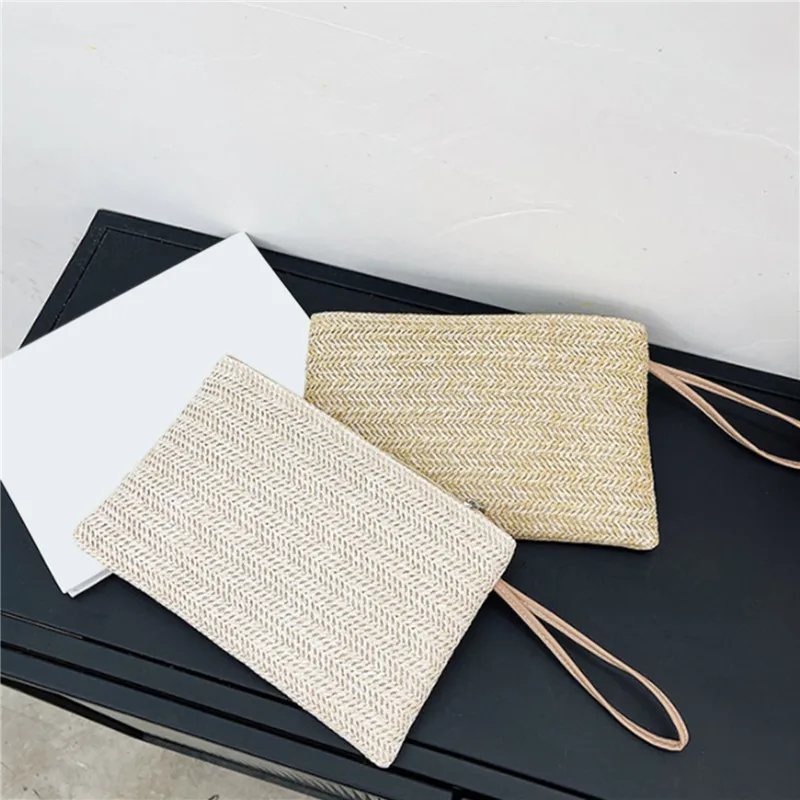 Clutch Bag for Women Handmade Backpack Fashion Ladies Wristlet Girl Phone Solid Straw Woven Coin Purse Beach Wallet Fresh Sweet - 3
