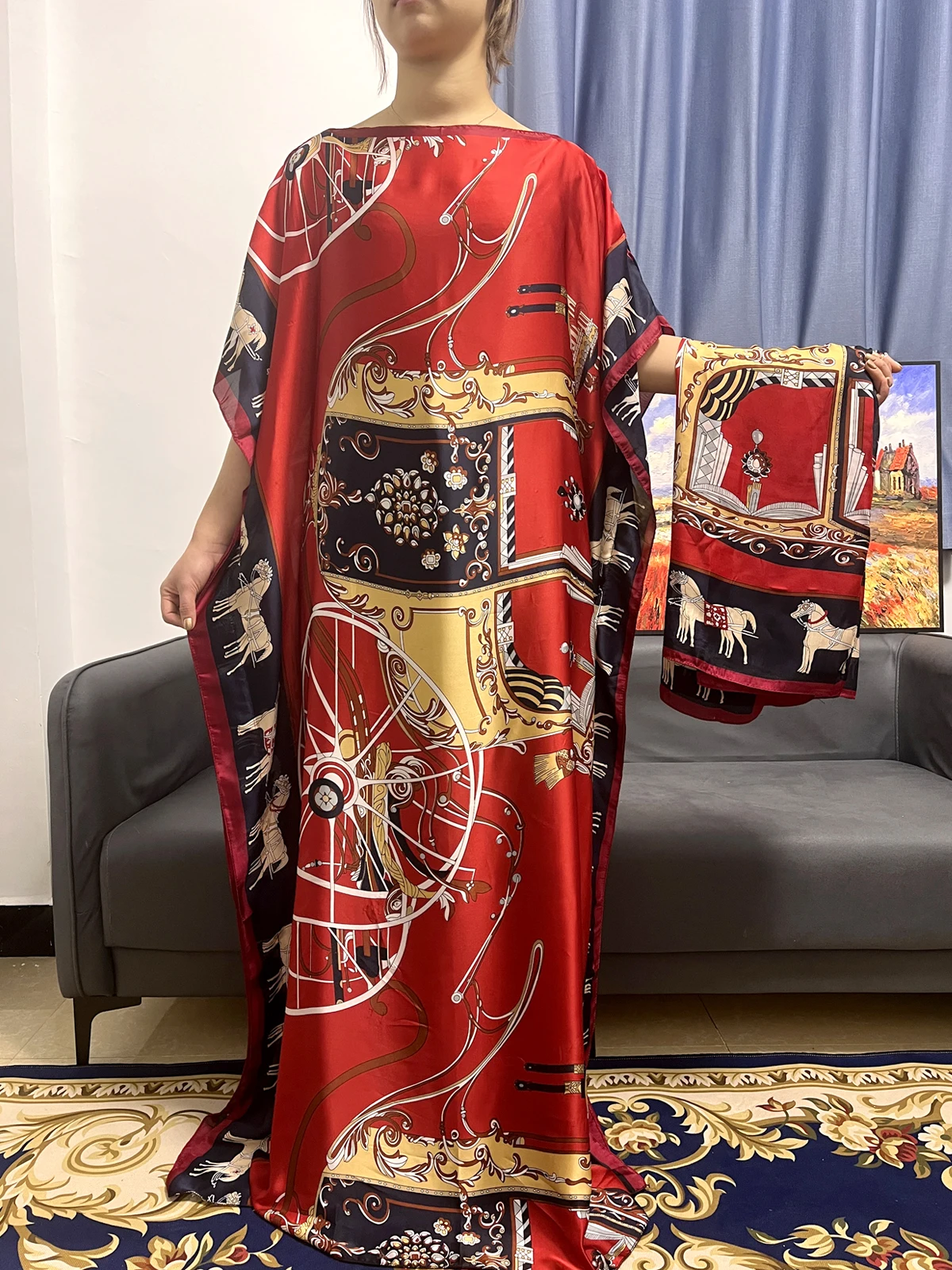 Muslim Abayas For Women 2023 Summer Fashion Print Silk African Dresses Loose Femme Robe Nigeria Islam Holidays With Headscarf