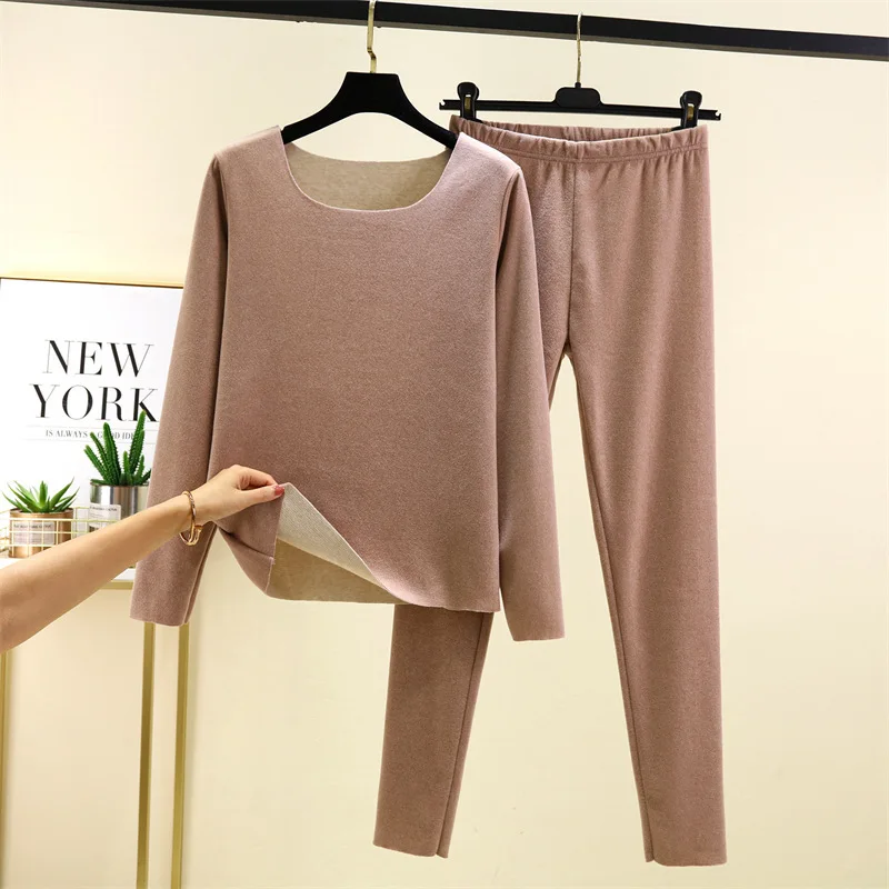Autumn and winter plus velvet and fat plus size warm suit for women seamless inner wear autumn clothes autumn trousers round