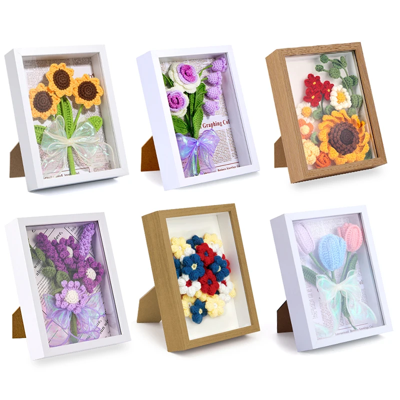 MIUSIE Unfinished Flower Crochet Kit with Photo Frame, Sunflower Lavender Tulip Knitting Weaving Set with Yarn And Instruction