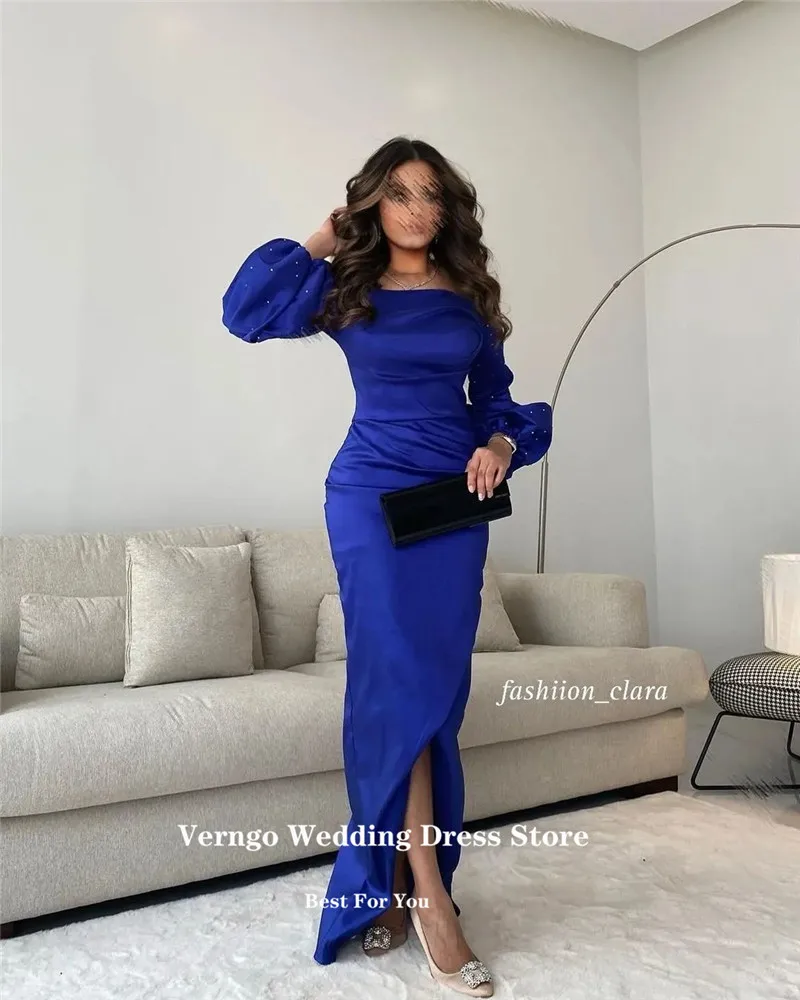 

Verngo Blue Formal Evening Dresses Saudi Arabic Women Strapless Long Sleeves Split Beads Prom Gowns Vintage Party Dress 2023