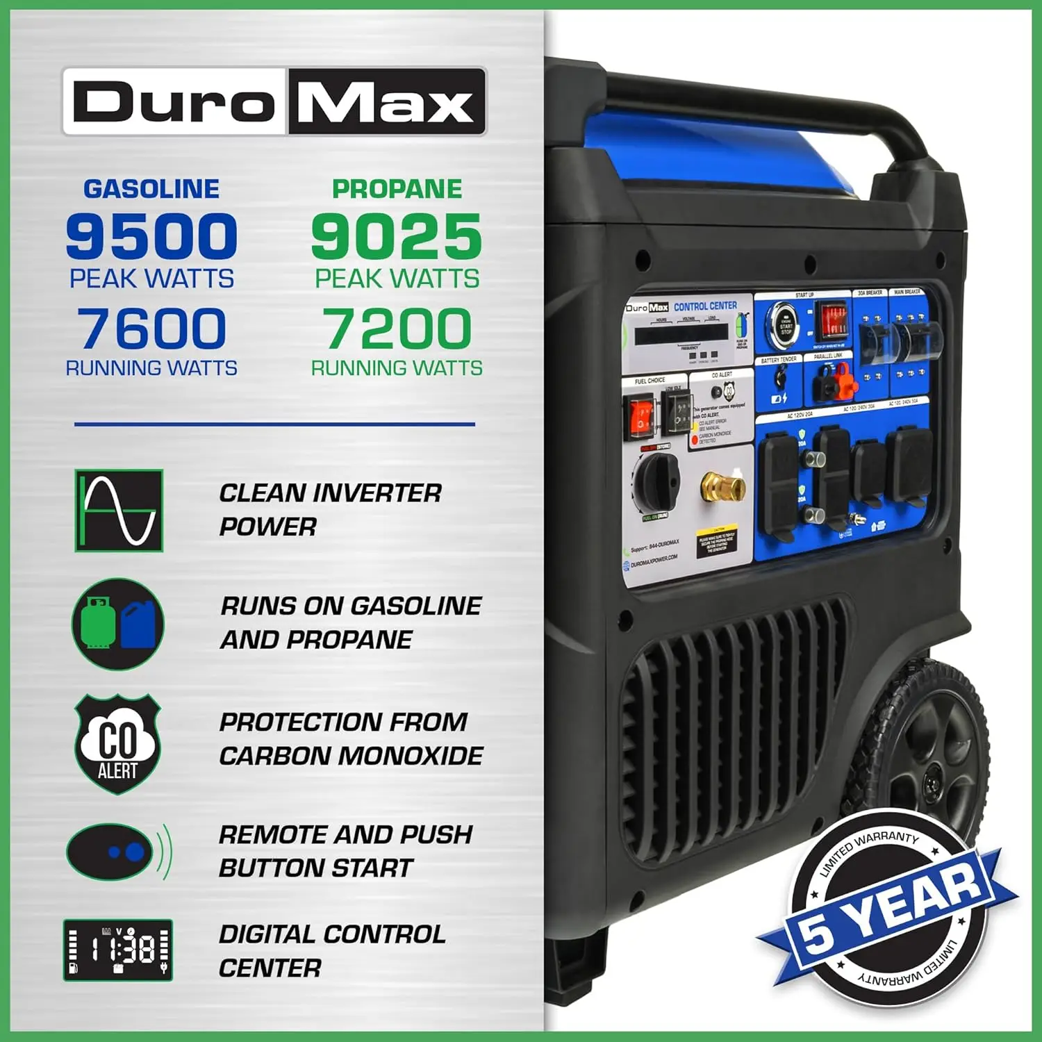 9500 Watt 459cc Dual Fuel Digital Inverter Hybrid Portable Generator Automatic Transfer Switch Ready Remote Start