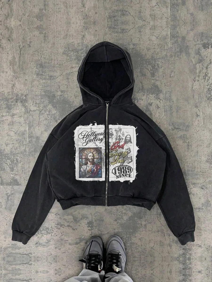 New Trend Hoodie Y2K Personalized Printed Sweatshirt Men's Harajuku Jacket Gothic Zipper Casual Sportswear Loose Fashion Hoodie