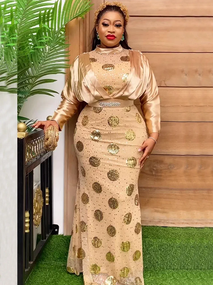 

African Dresses for Women 2023 New Fashion Plus Size Sequin Evening Party Long Dress Ankara Dashiki Outfits Robe African Clothes