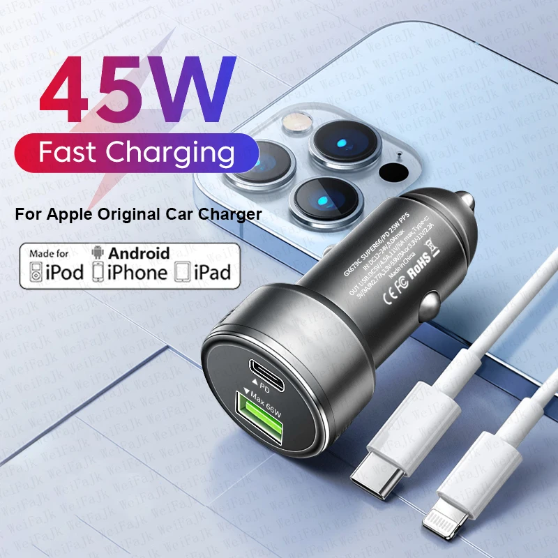 Car Phone Charger PD 45W USB Quick Charge 4.0 3.0 FCP SCP Type C For Xiaomi iPhone 11 12 13 14 Pro Max