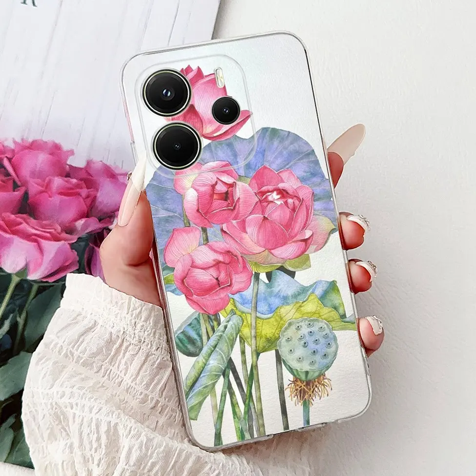 Clear Aesthetic Luxury Cute Cat & Floral Painted Soft Phone Case Cover