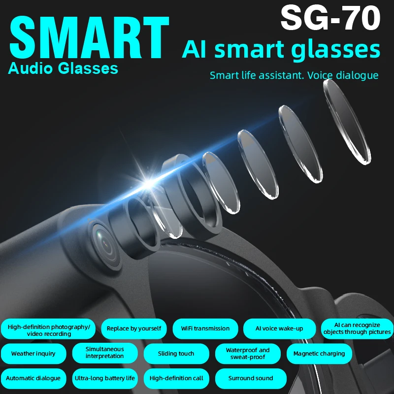 SG-70 HD AI Smart Translation Camera Glasses Long-lasting Battery Voice Assistant Control Calling Music Outdoor Glasses