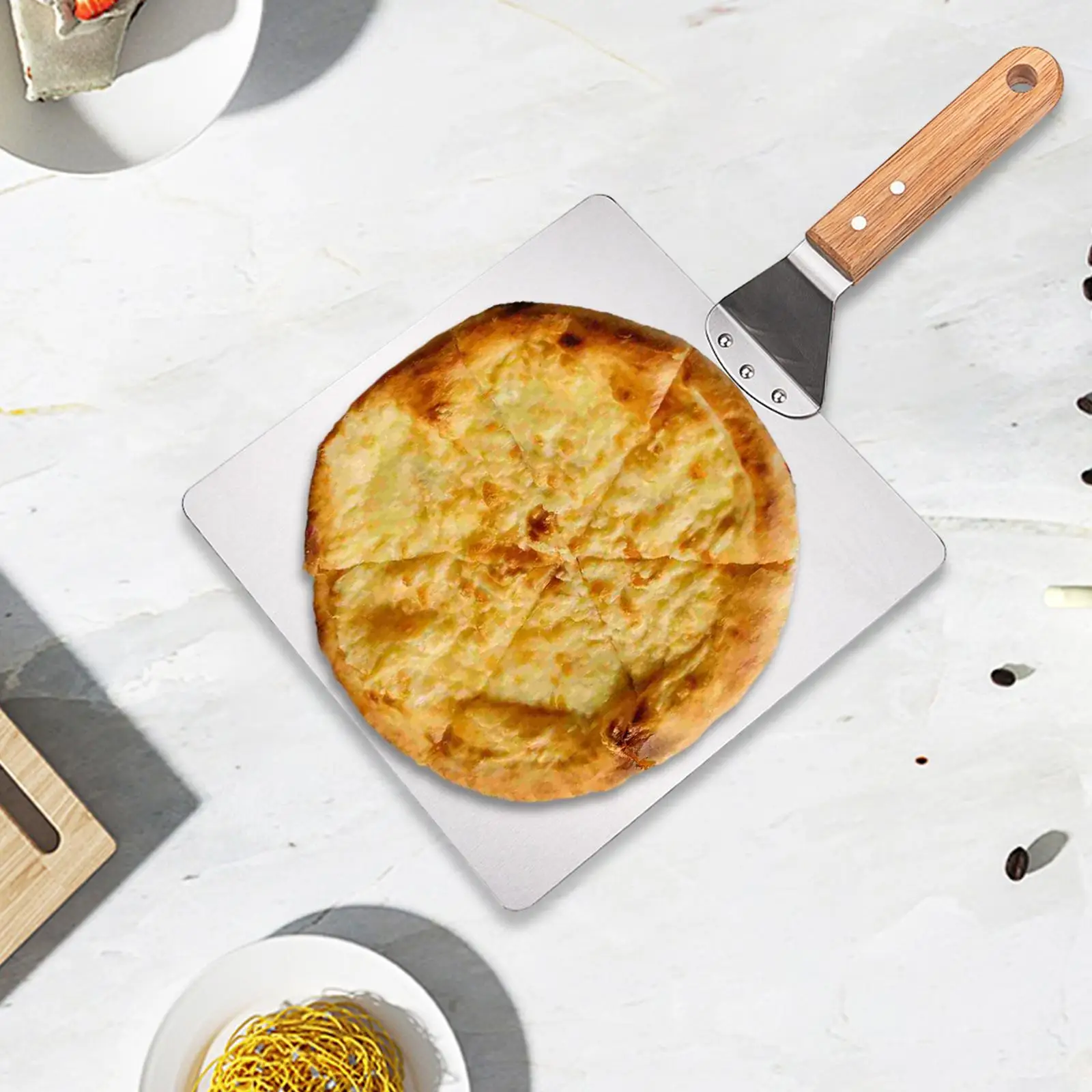 

Stainless Steel Pizza Peel Wooden Handle Easy to Store Portable Grill Kitchen Accessories Pizza Spatula Pizza Transfer Tool