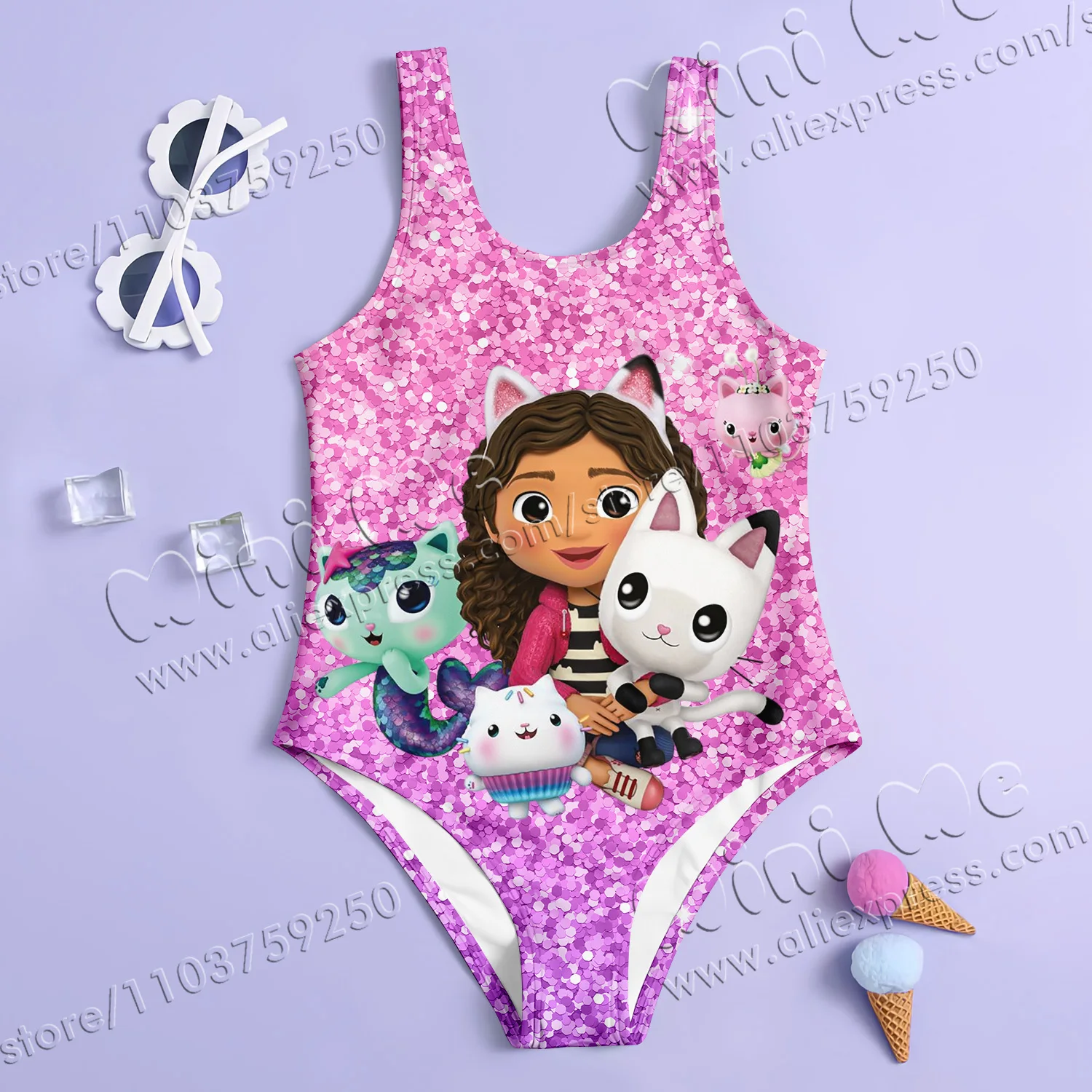 MINISO Girl Summer One-Piece Swimsuit Fashion Cartoon Gabby Dollhouse sequin Series Print Women Swimwear Sleeveless Clothing 5