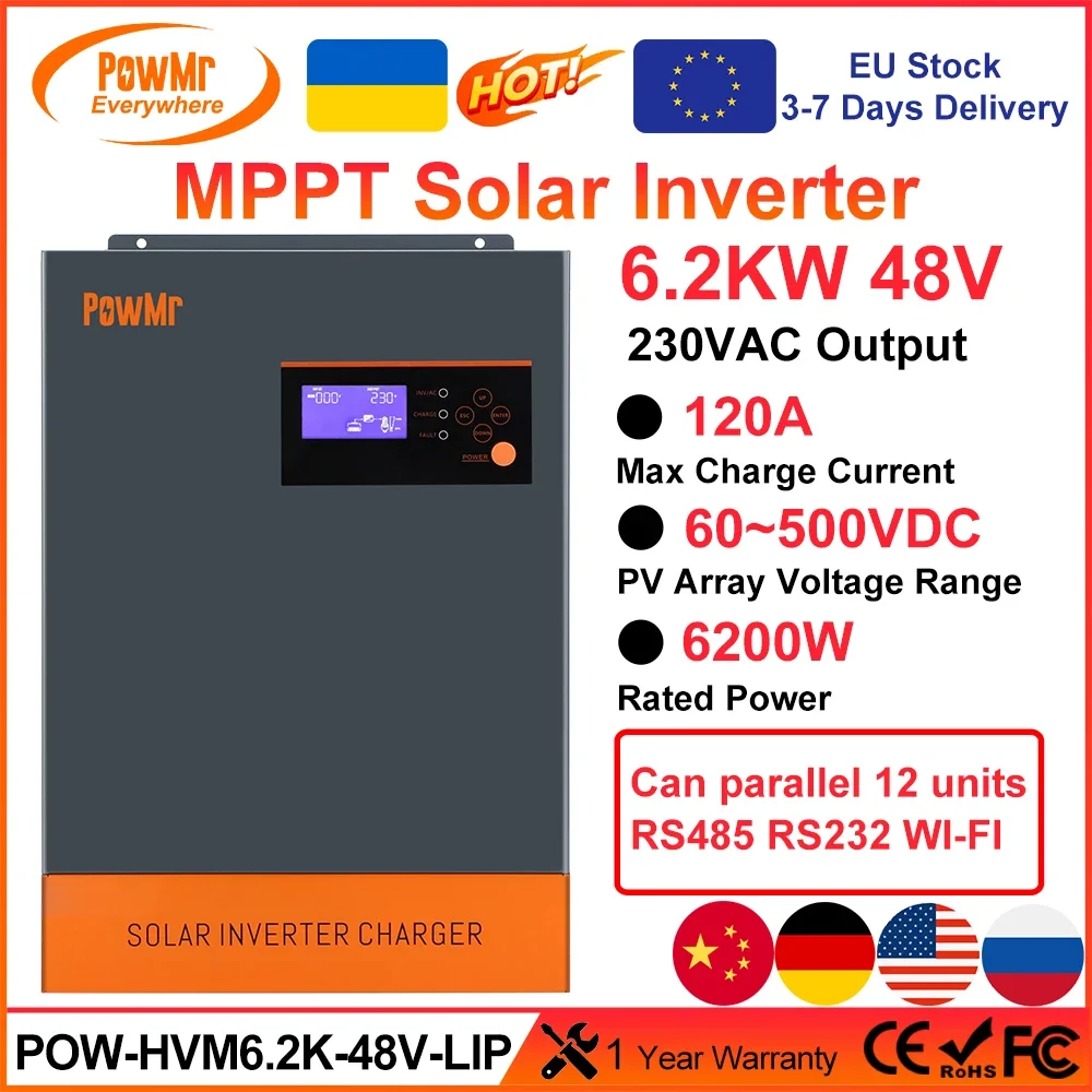 Powmr 6.2Kva 6.2Kw Inverter Solare Ibrido Mppt 120A 500V Ingresso Fotovoltaico 220Vac 48V Con Funzione Parallela 6200W Inverter Solare Trifase