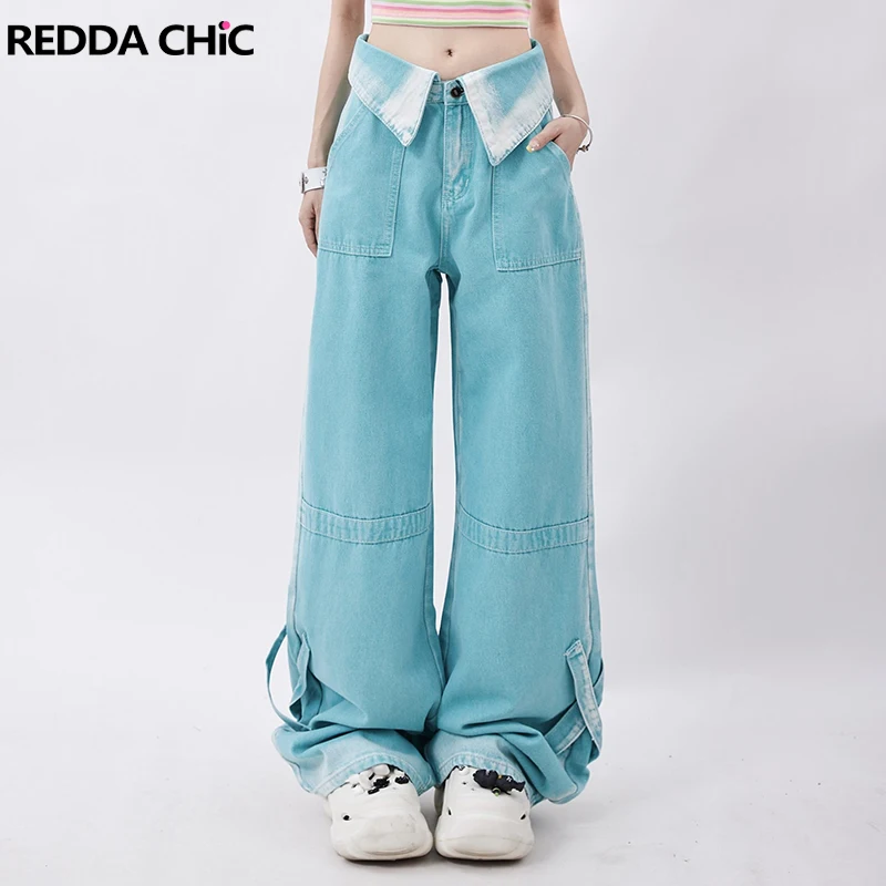 

ReddaChic Y2k Blue Cargo Pants for Women 90s Retro High Rise Turn-down Wide Leg Denim Pants Dancer Hip Hop Trousers Streetwear