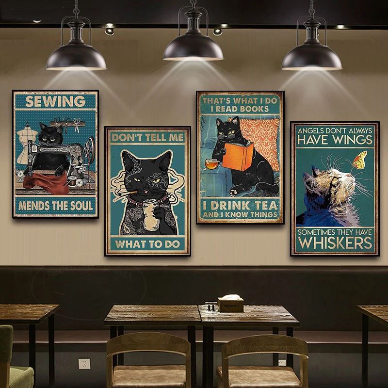 

Забавная кошка, чтение напитков, Картина на холсте, ретро искусство, картины на стену, картины для комнаты, домашний декор