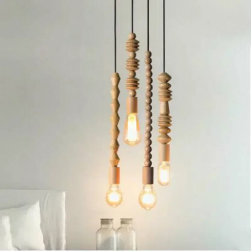 Retro style pendant lights Oak wooden geometric beads pendant lamp dinning room droplight hanging Light Fixture WJ429