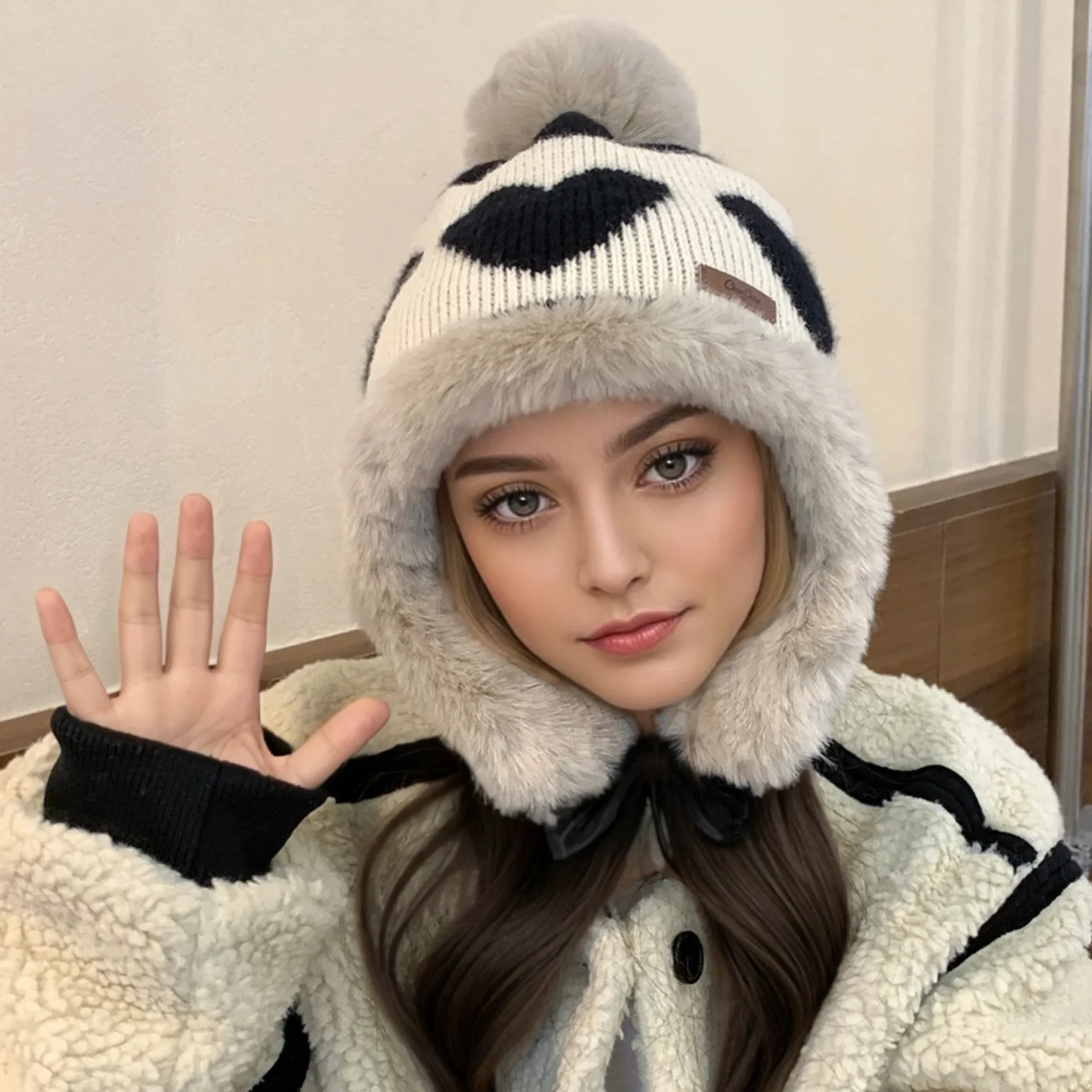 Hot Sale Women Cute Plush Winter Hat Love Print Pompoms Beanie Hats Lovely Ear Protection Cap For Girls