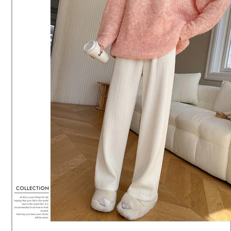 Women's Autumn Winter Elastic High Waisted Solid Flocking Paisley Wide Leg Loose Casual Trousers Fashion Office Lady Pants