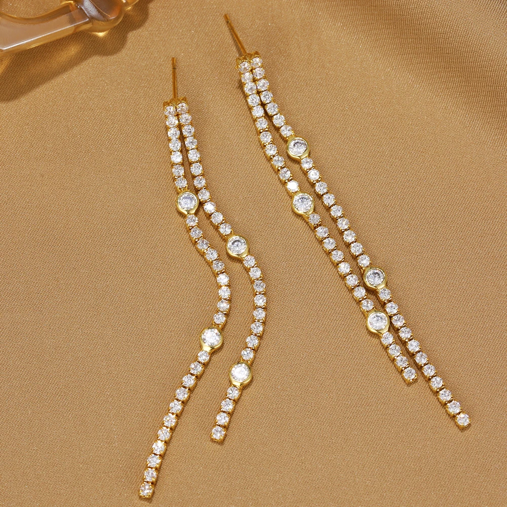 Elegant Sparkling Zircon Hanging Metal Tassel Dangle Earrings for Women 18K Gold Plated Stainless Steel Long Party Jewelry Aros
