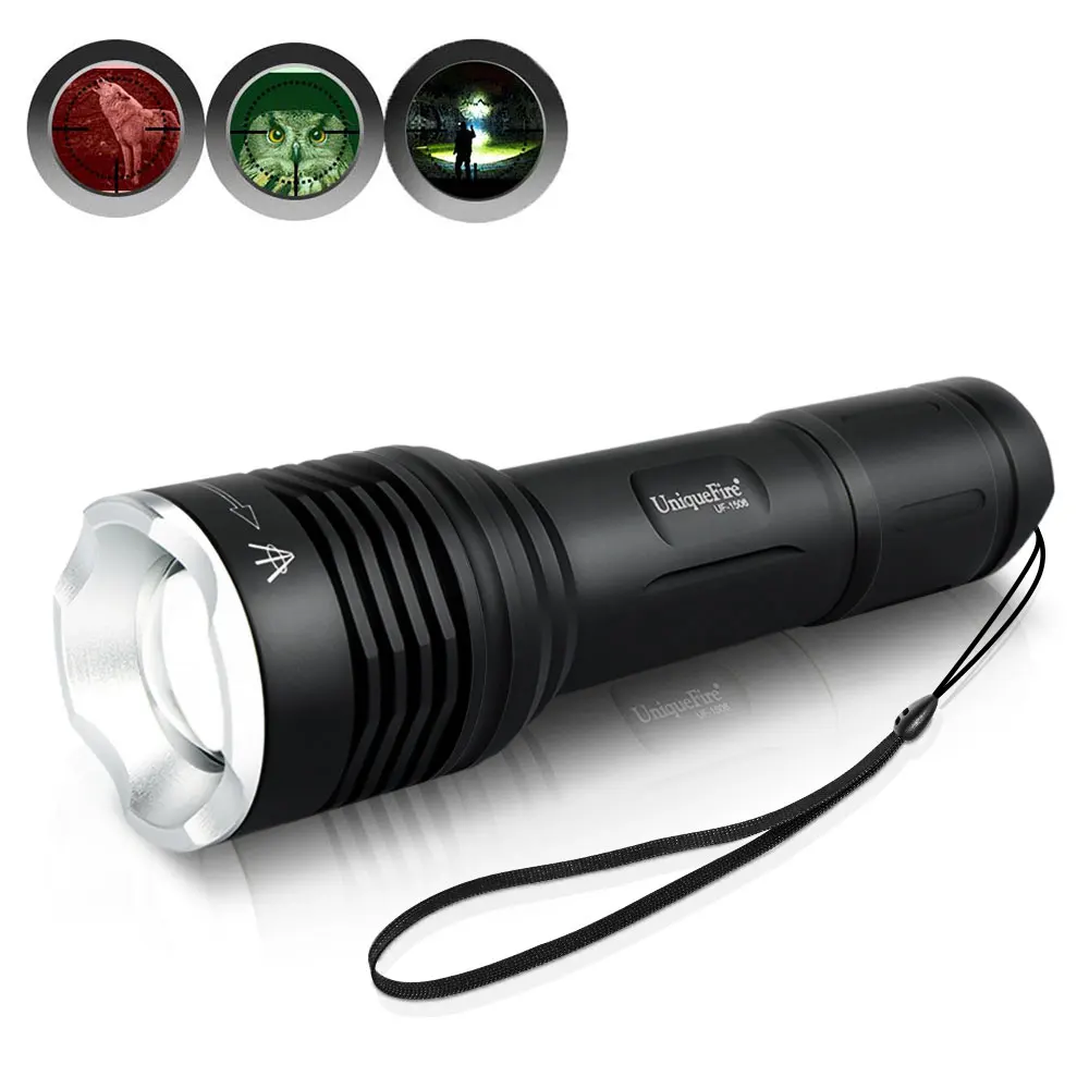 

UniqueFire 1506 Small LED Flashlight Green Red White Light 3 Mode Zoomable Portable Torch 20mm Aspherical Lens For Hunting