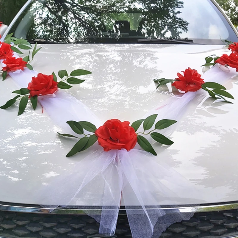 Artificial Flower Wedding DIY Car Bridal Car Decoration Door Handle Ribbons Silk Corner Flower Galand With Tulle Gift Set